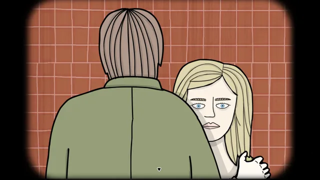 Underground Blossom screenshot: a pale blonde woman with a blank stare peers past a man's shoulder against red tiles