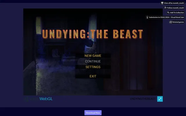 UNDYING: The Beast title screen running in the browser: the title in orange over the dark cabin, with New Game, Continue, Settings and Exit