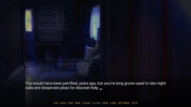 UNDYING: The Beast screenshot: a dark log-cabin room with a dreamcatcher and moonlit windows, and the narration about late night calls and pleas for discreet help