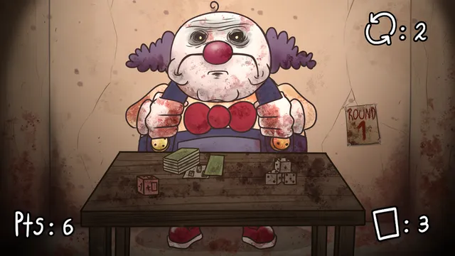 The clown, bloody-handed and frowning, waits across the table during round 1
