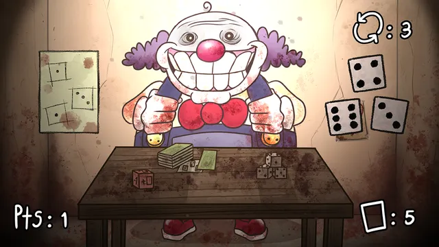Unlikely: a grinning clown with bloody hands sits at a wooden table in a bloodstained room, dice cards pinned to the wall, as the round begins