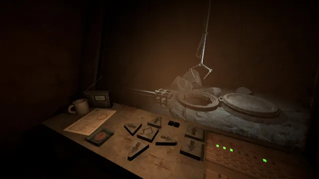 A workbench with switches, a radio and a mug beside a hatch under a hanging cable, in dim brown light