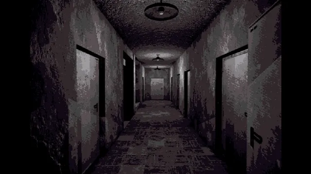 A grim concrete corridor lit by ceiling lamps, with metal doors on both sides