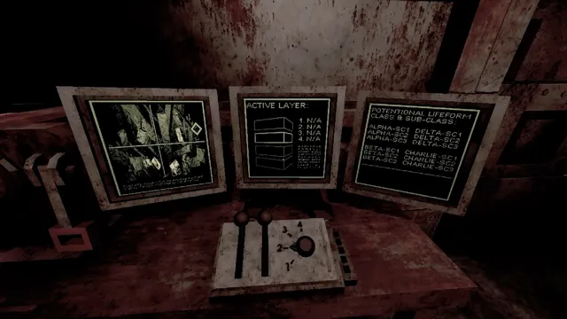 Unsorted Horror screenshot: a control desk with three green monitor screens and a joystick in a rusted, blood-stained room