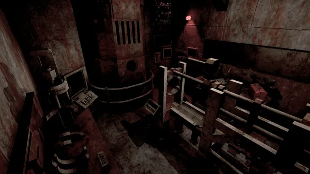 A dark industrial room crammed with machinery, pipes and an old computer monitor