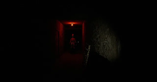 Unspoken screenshot: a figure far down a narrow corridor lit by a single red lamp
