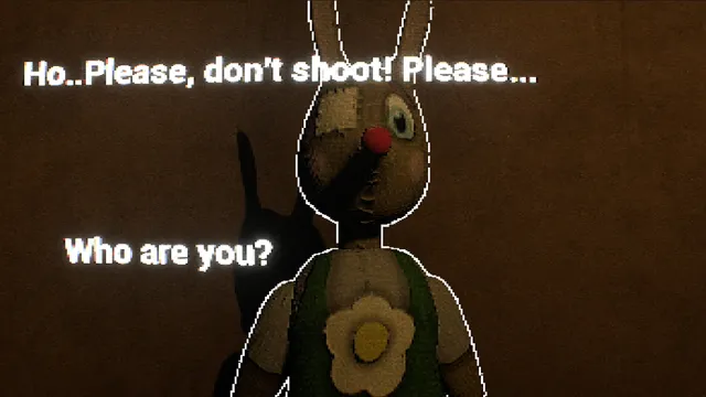 Unspoken screenshot: a patched stuffed rabbit saying please don't shoot, who are you