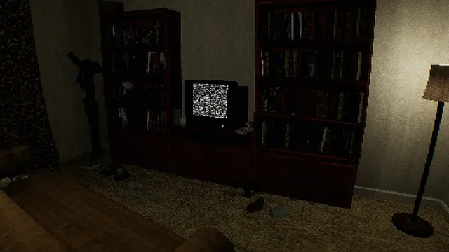 Unspoken screenshot: a dim living room with bookshelves and a TV showing static