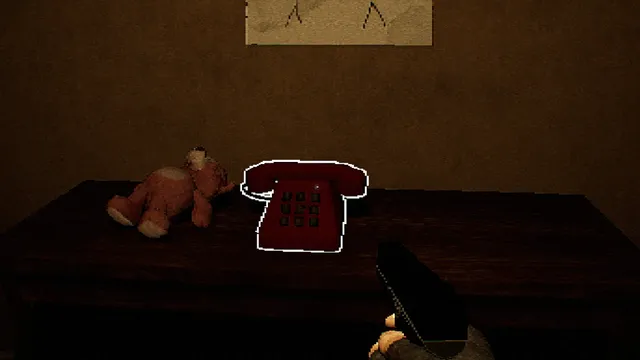Unspoken screenshot: a teddy bear lying beside a red telephone on a wooden table