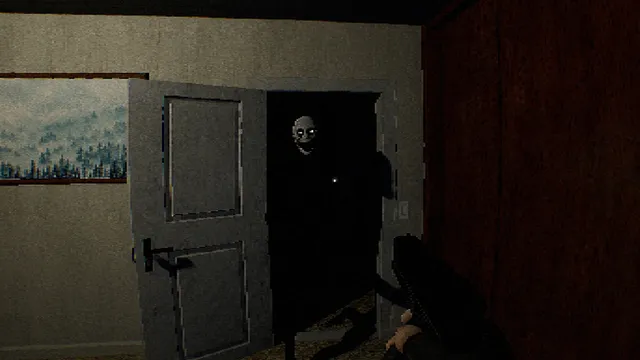 Unspoken screenshot: a pale grinning face looking out from behind a bedroom door as the player holds a pistol