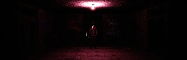 Unspoken key art: a figure standing at the end of a dark red-lit corridor with words scrawled on the walls