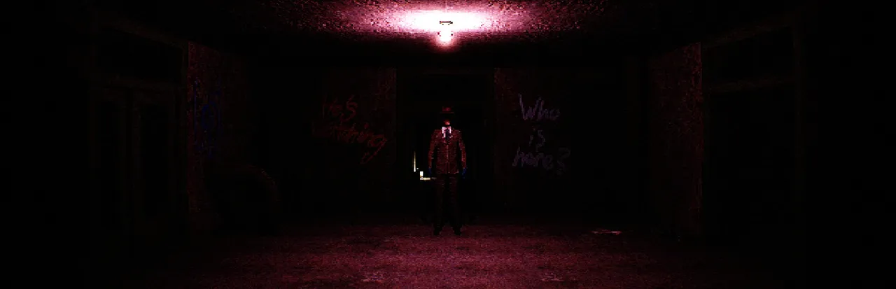 Unspoken key art: a figure standing at the end of a dark red-lit corridor with words scrawled on the walls