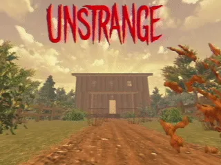 UNSTRANGE title in dripping red letters over the farmhouse at the end of a dirt road