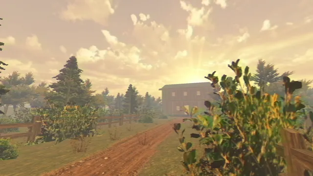 UNSTRANGE screenshot: a dirt path between bushes and a fence leading to a wooden farmhouse under a hazy sunset sky