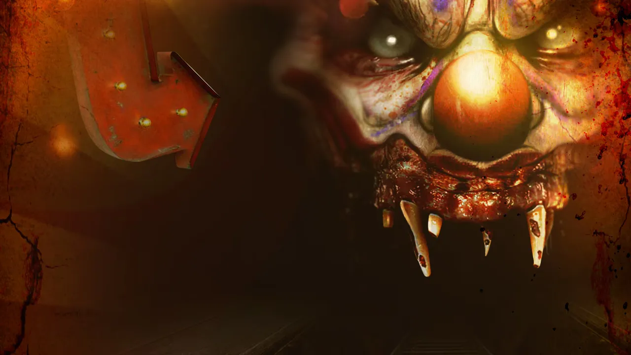 Until Dawn: Rush of Blood art: a monstrous clown face with bloody fangs looming over a rollercoaster track beside a lit arrow sign