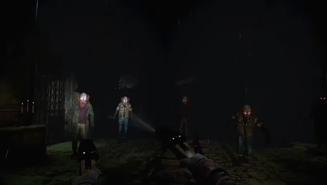 Masked killer clowns advancing through a dark, rainy fairground as the player aims two guns from the rollercoaster