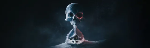 Until Dawn key art: a skull shaped like an hourglass, with a lodge and small figures inside, half buried in snow