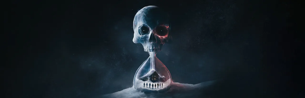 Until Dawn key art: a skull shaped like an hourglass, with a lodge and small figures inside, half buried in snow