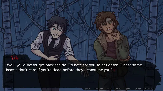 Up All Night screenshot: Nick with blood on his face and hands in the dark woods, as a gurgling moan comes from the shadows