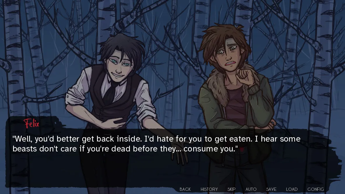 Up All Night screenshot: Nick with blood on his face and hands in the dark woods, as a gurgling moan comes from the shadows