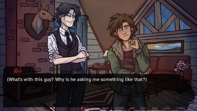 Up All Night screenshot: Felix in a waistcoat and Nick in the cabin's living room under a mounted deer head
