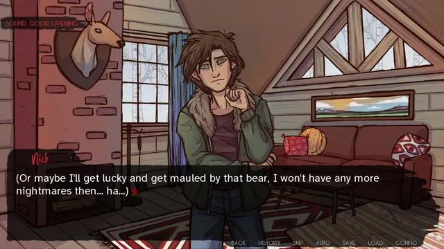 Up All Night screenshot: Nick alone in the cabin, joking that a bear might end his nightmares