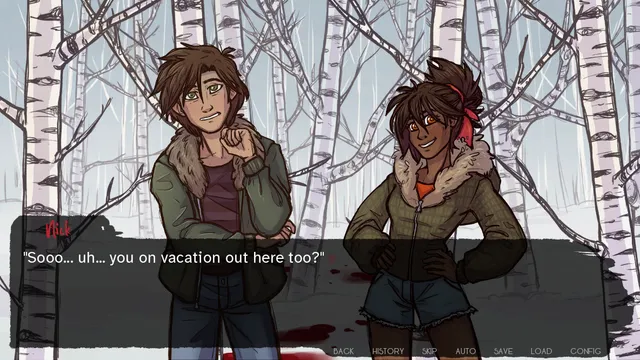 Up All Night screenshot: Nick and Grayson talking in a snowy birch forest