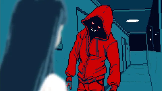 A faceless figure in a red hoodie with glowing eyes stands in a dark hallway behind a long-haired woman