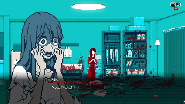 A terrified woman in glasses screams in a blood-spattered room as a figure in red stands among the shelves