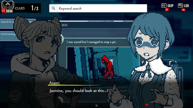 Azami and Jasmine look at a social media post with a photo of a red-hooded figure, with the clue search bar at the top