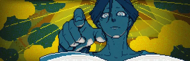 Urban Myth Dissolution Center key art: Director Ayumu Meguriya pointing at the viewer in front of yellow clouds and a glowing halo, in pixel art