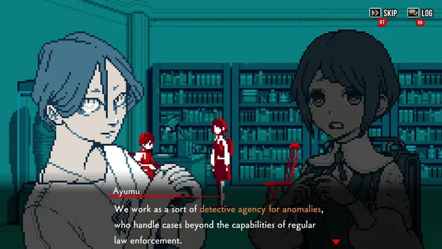 Director Ayumu explains the centre's work to a client in an office lined with bookshelves