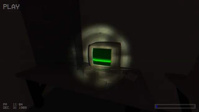 V.H.S: Video.Horror.Story: a beige computer on a desk with a green static screen, seen through the camcorder