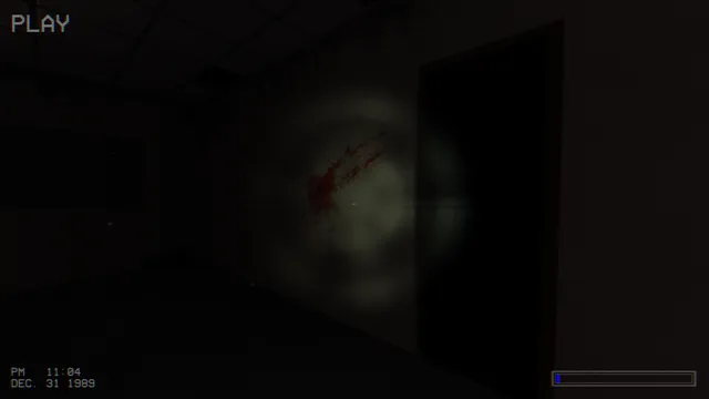 V.H.S: Video.Horror.Story: camcorder view with PLAY and Dec. 31 1989, a flashlight circle on a blood-smeared wall by a dark doorway