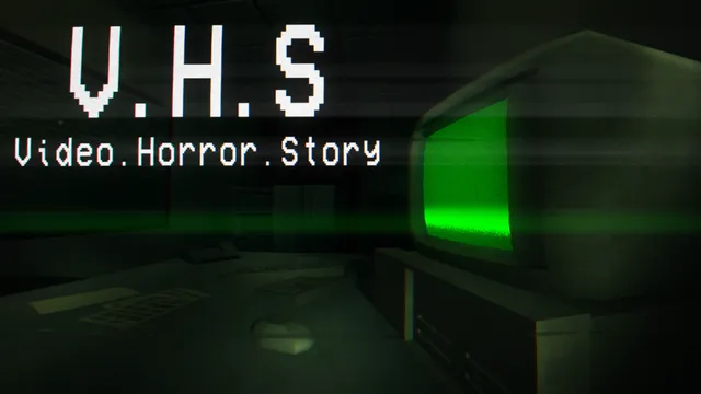 V.H.S: Video.Horror.Story title over a dark green-lit office, an old CRT monitor glowing with static