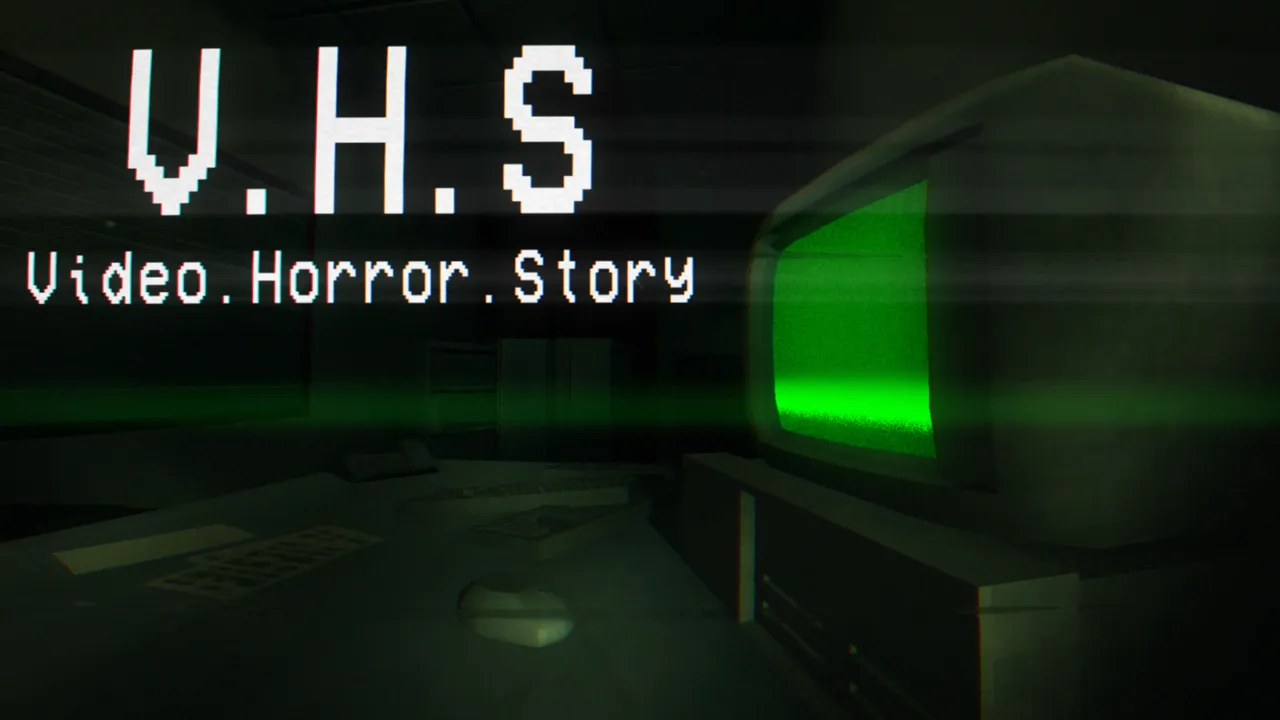 V.H.S: Video.Horror.Story title over a dark green-lit office, an old CRT monitor glowing with static