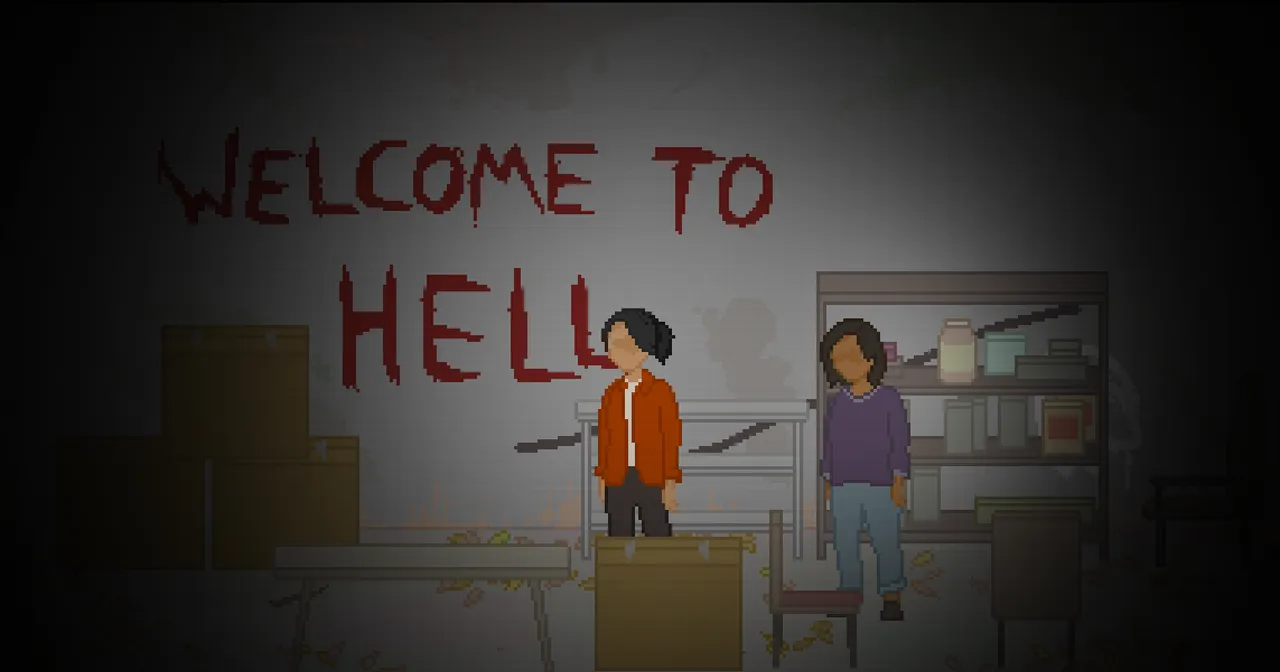 Vacant screenshot: two friends stand in a cluttered room under the words WELCOME TO HELL painted in red on the wall