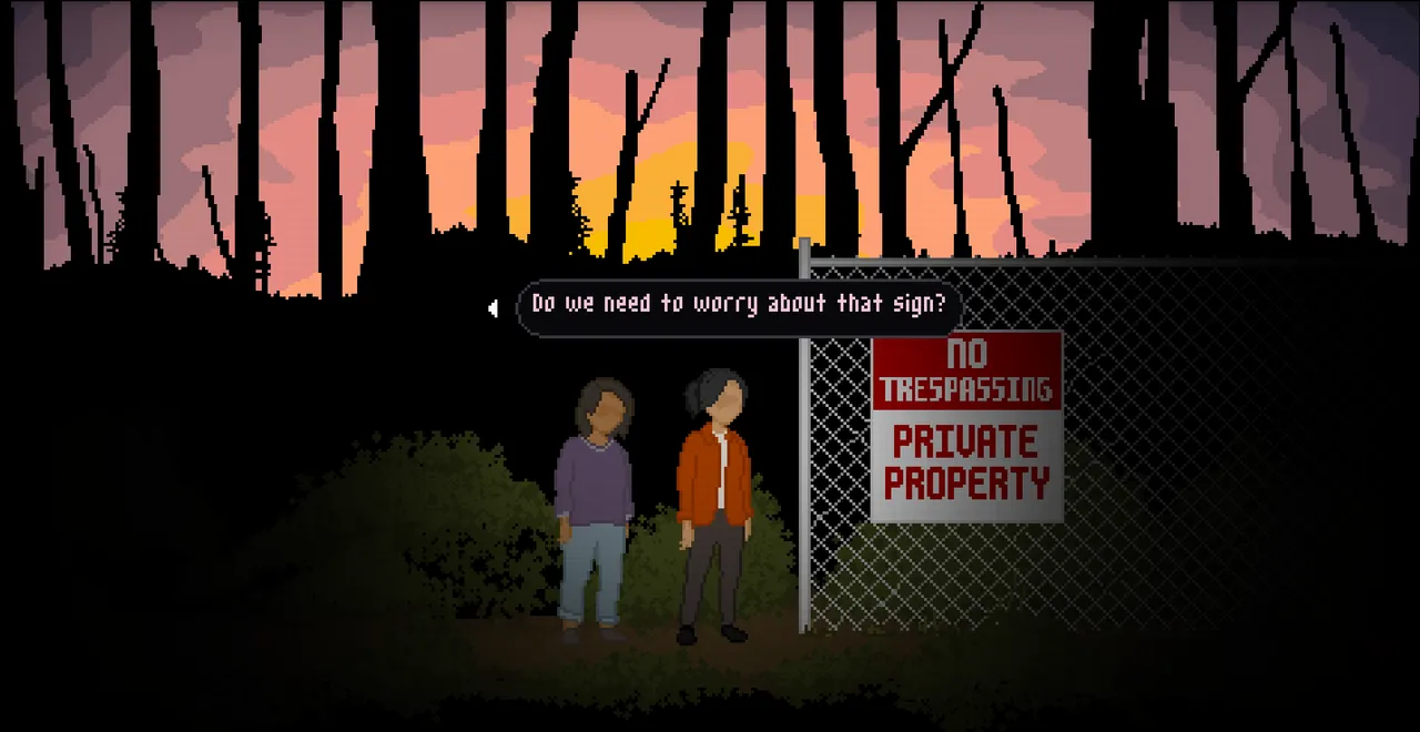 Vacant screenshot: the two friends at a chain-link fence with a No Trespassing, Private Property sign at dusk, one asking Do we need to worry about that sign?