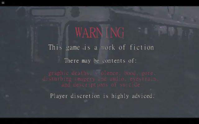 The game's opening warning in the browser: graphic deaths, violence, blood, gore, disturbing imagery and audio, eye strain and descriptions of suicide