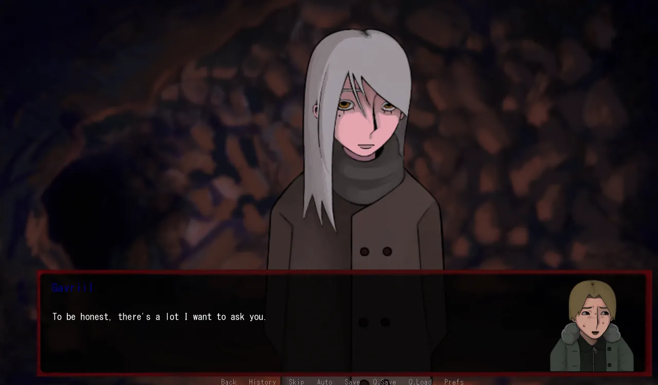 Yeva, a pale-haired young woman in a dark coat and scarf, stands in a dim cave as Gavriil says there is a lot he wants to ask her