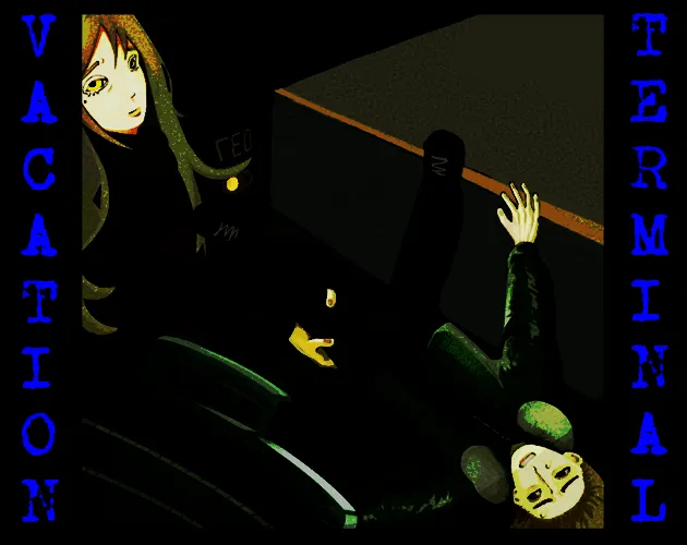 Vacation Terminal cover: a pale-haired woman looks down from the wreck of a train carriage at a man lying below, the title in blue letters down both sides