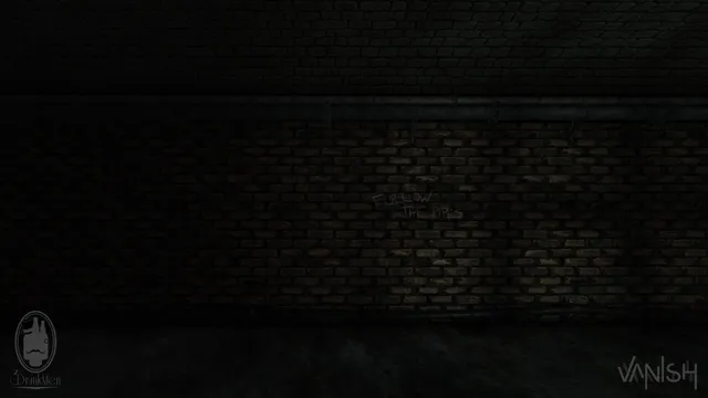 The words Follow the pipes scrawled on a dark brick wall under a pipe