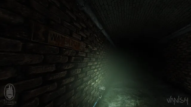 A brick tunnel lit green by a glowstick on the floor, with a Water Pumps sign and arrow on the wall