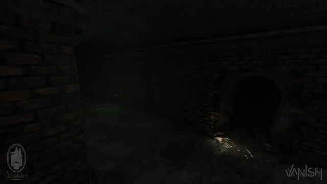 A low arched opening into a side tunnel at the base of a brick wall, sparks on the floor