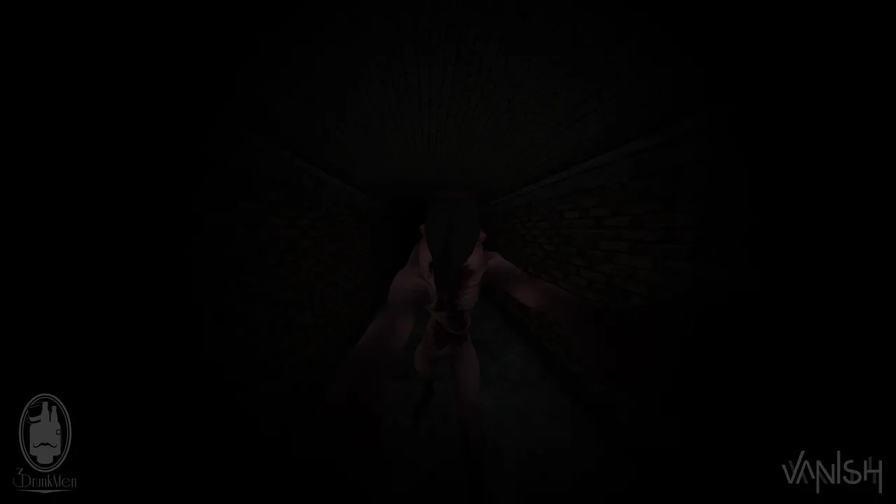 VANISH: a pale, eyeless creature with long arms reaching toward the player in a dark brick tunnel
