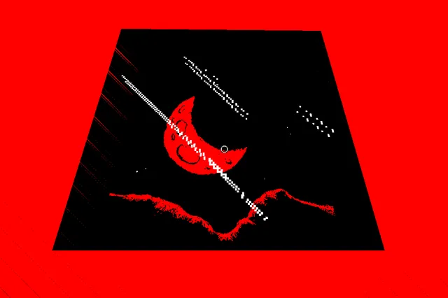 Veinless Property screenshot: a framed picture of a red crescent moon over hills, seen close up on a red wall
