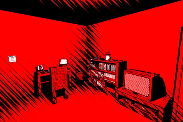 Veinless Property screenshot: a living room drawn in red and black manga lines, with a desk, a bookshelf and an old television