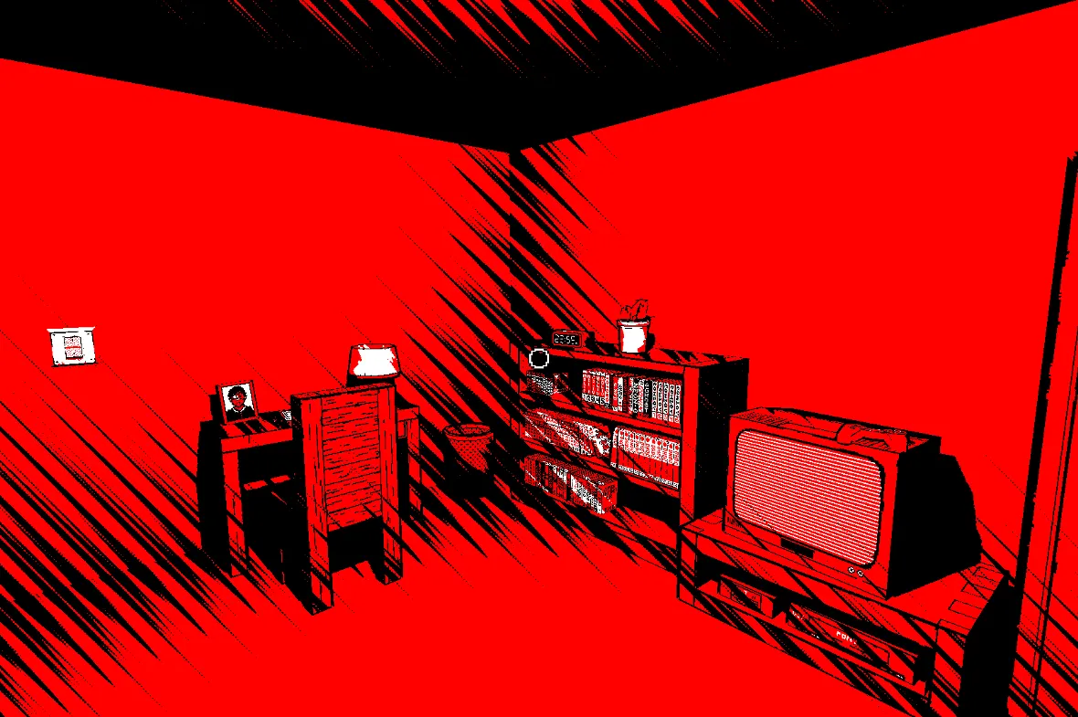Veinless Property screenshot: a living room drawn in red and black manga lines, with a desk, a bookshelf and an old television