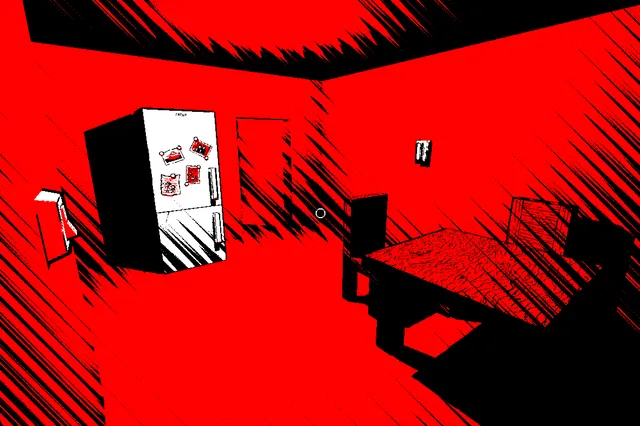 Veinless Property screenshot: a red kitchen with a fridge covered in notes and a table and chairs, hatched in black