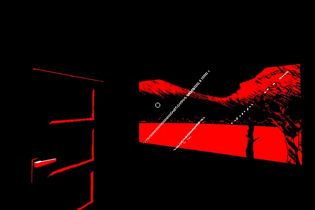 Veinless Property screenshot: a dark room with a door and a window showing a red night landscape outside